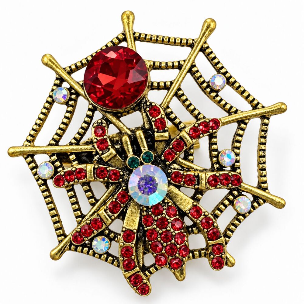 Vintage Inspired Red Rhinestone Spider Web Brooch Halloween Gold Tone Pin